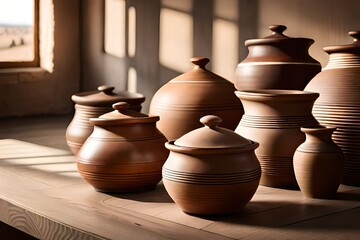 clay pots in the market generated by AI - obrazy, fototapety, plakaty