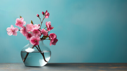 Vibrant pink flower blooms in studio vase with colored background.