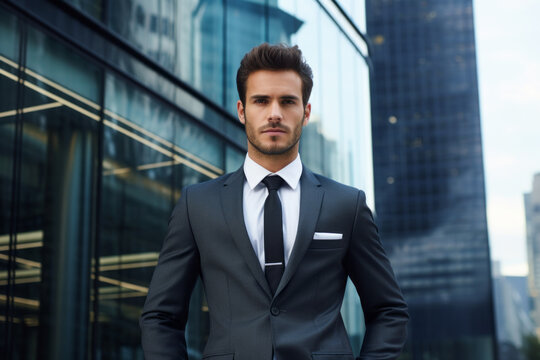 European man in a suit and tie, standing in front of a modern skyscraper
