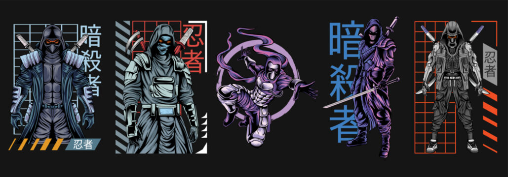 Japanese Streetwear T-shirt Designs Vector Bundle, Urban Ninja T shirt Design Set, artwork t shirt design Pack