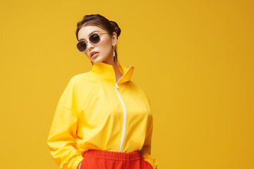 Fashion girl in sportswear on yellow background