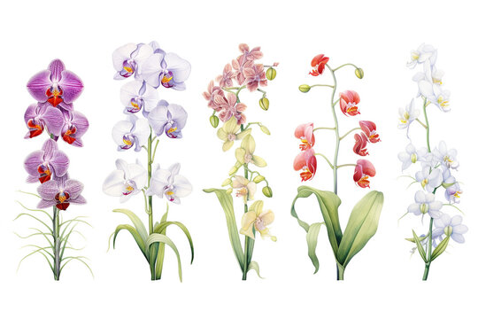 Orchid branch floral set isolated on a white background. Watercolor illustration.