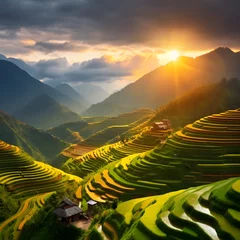 Tableaux sur verre Mu Cang Chai Photo panorama rice fields on terraced in sunset at mu cang chai 