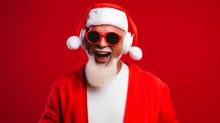 christmas party celebration funky crazy santa claus dj in white headset sing song sound melody listen music ai generated