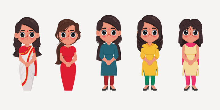 Group indian woman group wearing national traditional clothes hindu women celebration concept female cartoon character