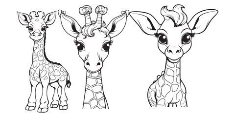 A set of line art giraffe head vector illustration