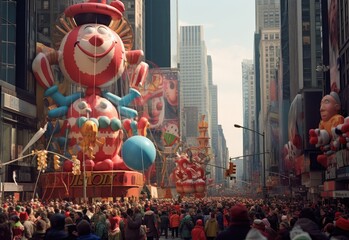 A huge clown floats through NYC with pilgrims and spectators ahead of the start of the annual Macy's Thanksgiving Day Parade - obrazy, fototapety, plakaty