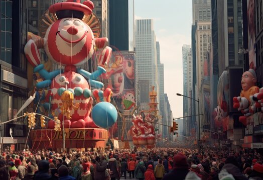 A huge clown floats through NYC with pilgrims and spectators ahead of the start of the annual Macy's Thanksgiving Day Parade