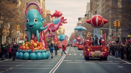 Sea animal balloons float through NYC with pilgrims and spectators ahead of the start of the annual Macy's Thanksgiving Day Parade - obrazy, fototapety, plakaty