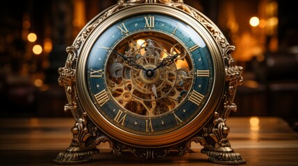 The antique gold clock with its vibrant blue face stands out as a timeless reminder of the preciousness of time