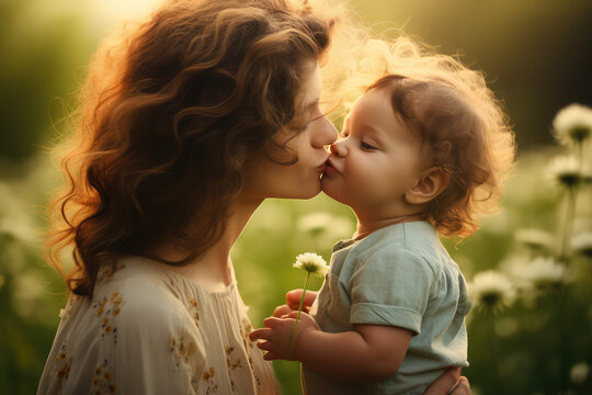 a cute baby girl give her mom a kiss, nature background