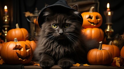 On quiet halloween night, an adventurous cat is perched atop festive hat while curiously observing orange and yellow pumpkins, ready to explore the mysterious world of cucurbitas, calabazas, gourds