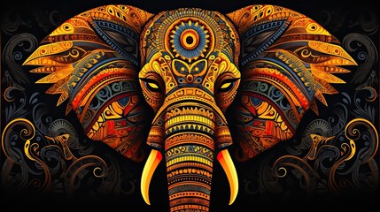Illustration of an elephant in African style. Explore this traditional African pattern ideal for backgrounds, carpets, wallpapers, packaging, and fabrics.