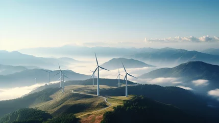 Foto op Plexiglas A Clean energy industry: Green energy wind farms on high mountains, aerial photography © Phoophinyo
