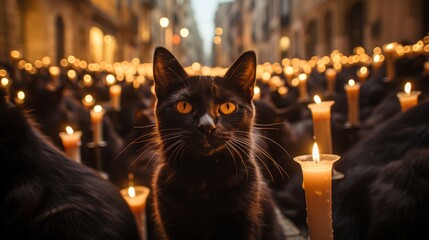 The bright candlelight illuminating the playful curiosity of a mischievous cat creates a surreal...