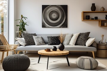  Contemporary living room interior with modern retro art on chic fashion walls