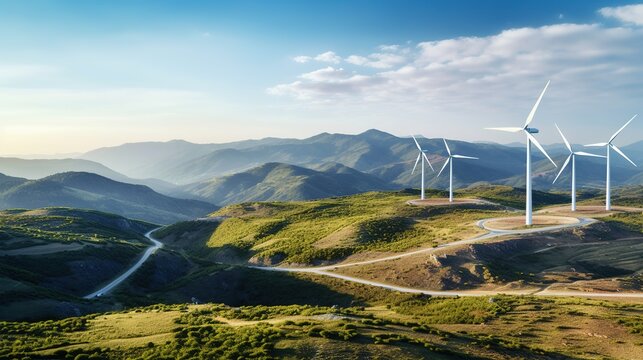 A Clean energy industry: Green energy wind farms on high mountains, aerial photography