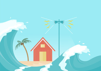 Tsunami wave and Tsunami siren warning loudspeakers on the beach, flat vector illustration. 