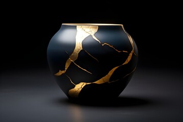 Kintsugi Japanese black pot with golden seam, gold black Kintsugi tea cup, Traditional Japanese porcelain fixing method with the gold seam in cracked places - obrazy, fototapety, plakaty