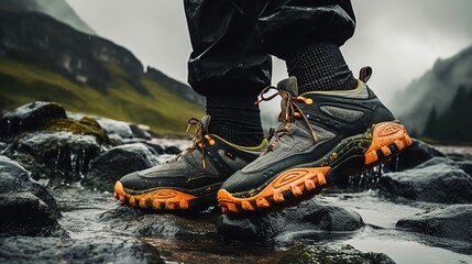 Footwear and apparel brand, rain, hikers, mountains, cloudy, highly technical, waterproof, functional, urban, modern, stussy, ethnic, authentic - obrazy, fototapety, plakaty