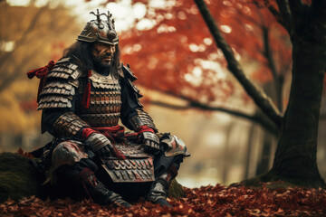 japanese samurai in nature background - obrazy, fototapety, plakaty