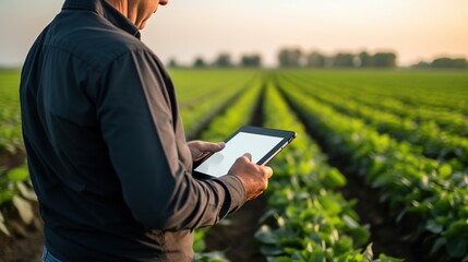 Fototapeta premium A Farmers use tablets to analyze new data and conduct planting trials to find a variety of ways to develop and improve crop performance.