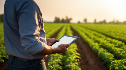 Naklejka na ściany i meble A Farmers use tablets to analyze new data and conduct planting trials to find a variety of ways to develop and improve crop performance.
