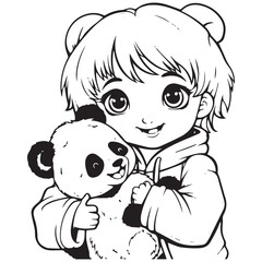 Baby girl with a beautiful baby panda with a smile coloring page vector design