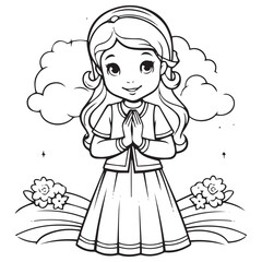 Vector illustration of a girl in a dress with a bouquet of flowers coloring page design