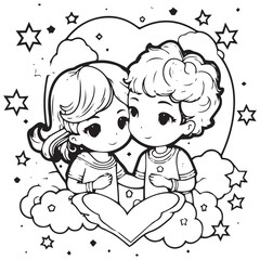 Couple in love with stars and heart. coloring book for Valentine's Day.