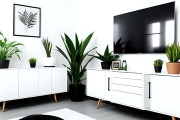 houseplants in ceramic pots on white sideboard and black tv screen hanging on wall in stylish room in apartment with modern interior, home decoration - obrazy, fototapety, plakaty