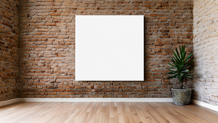 Empty room with white canvas on brick wall.