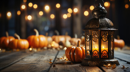 A Halloween pumpkin with a lantern sitting on a rustic wooden table