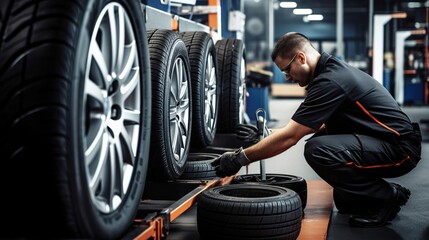 A Tire industry: Technician in tire changing service center working, technician changing tires, technician using modern tools, new tires, tire warehouse.