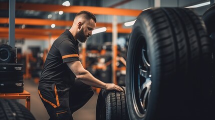 A Tire industry: Technician in tire changing service center working, technician changing tires, technician using modern tools, new tires, tire warehouse. - obrazy, fototapety, plakaty