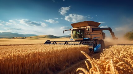 A Combine harvester harvests ripe wheat. Ripe ears of gold field on the sunset cloudy orange sky background. Concept of a rich harvest.