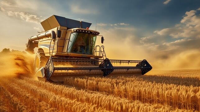 A Combine harvester harvests ripe wheat. Ripe ears of gold field on the sunset cloudy orange sky background. Concept of a rich harvest.