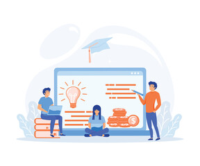 Finances, online education, Big laptop and business people studying financial literacy.  flat vector modern illustration 