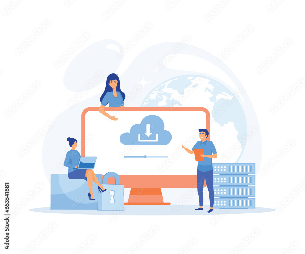 Poster cloud technology. people storing data on cloud server. cloud computing, online database, flat vector