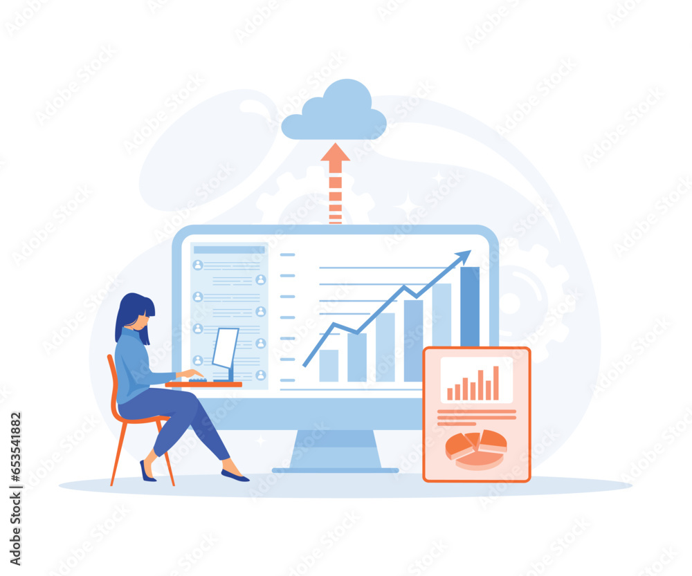 Poster business technology cloud computing service concept, developer team working on dashboard monitor, fl