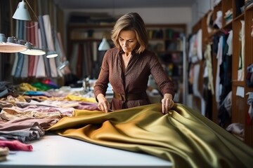 Close-up view of a professional seamstress at work.
