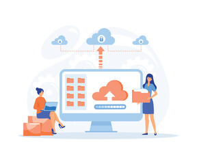 technology file upload backup on cloud server storage concept. team administrator and developer working with computer monitor. flat vector modern illustration - obrazy, fototapety, plakaty
