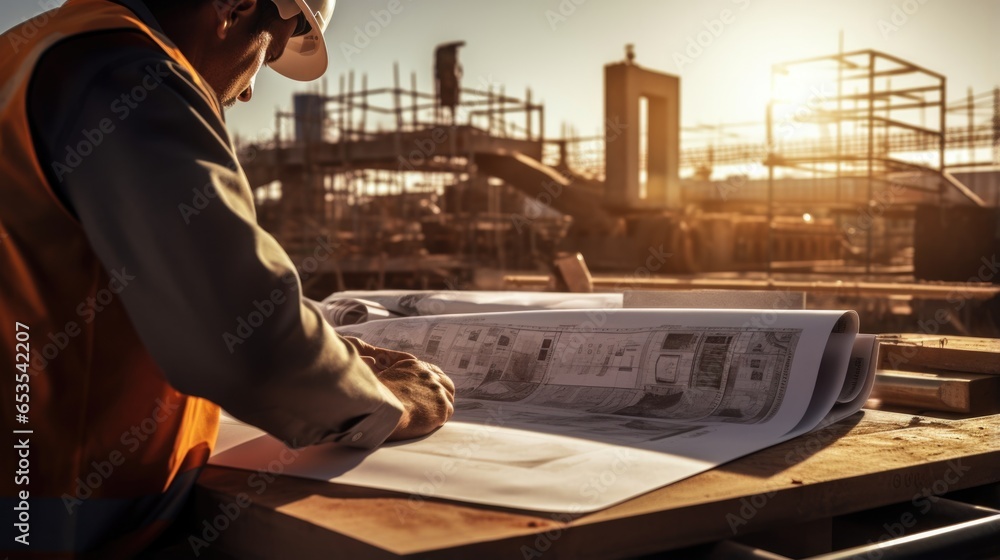 Aufkleber architecture engineer working with blueprints. inspection in workplace for architectural plan.