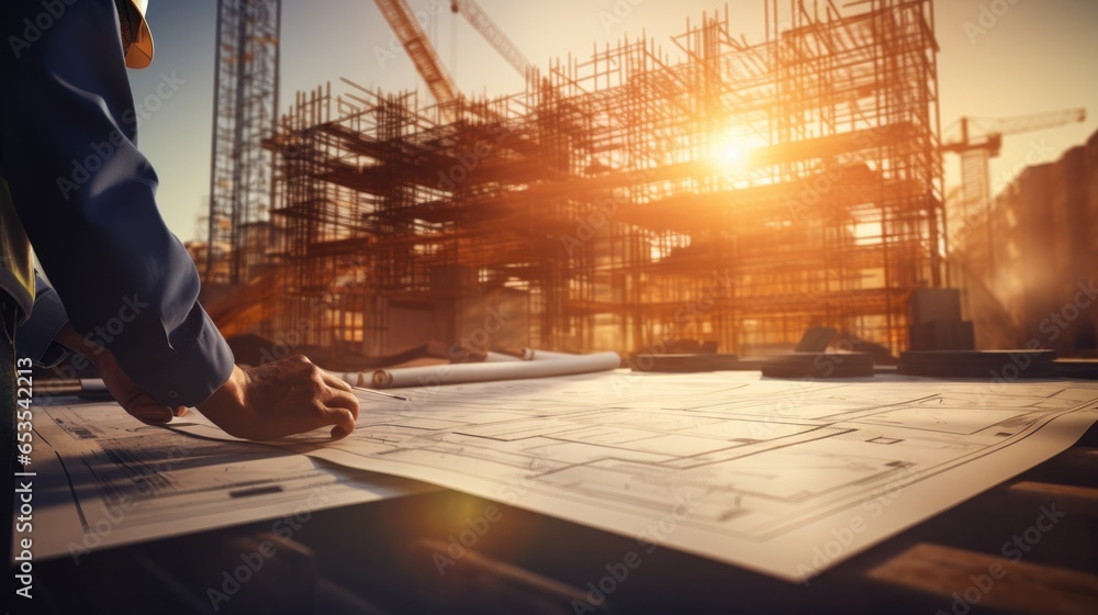 Aufkleber architecture engineer working with blueprints. inspection in workplace for architectural plan.