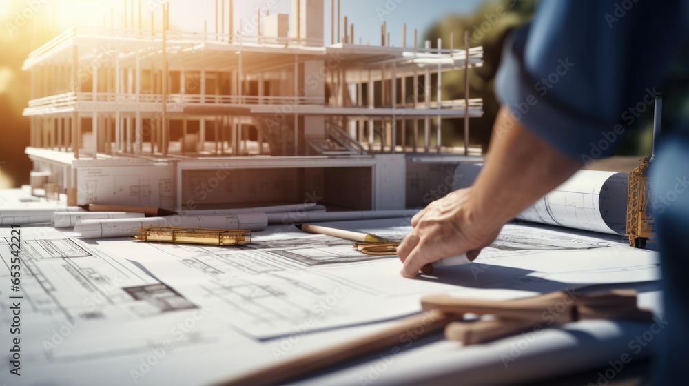 Poster architecture engineer working with blueprints. inspection in workplace for architectural plan.