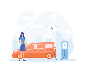 Green energy, Modern eco private house with solar energy panels and smart home technology. Electric car near charging station, flat vector modern illustration