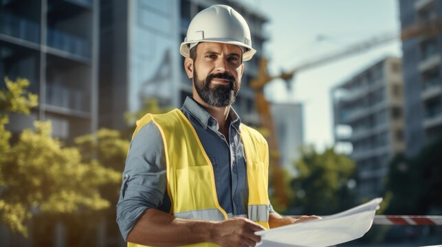 Portrait of Engineer man working with blueprints. Inspection in workplace for architectural plan.