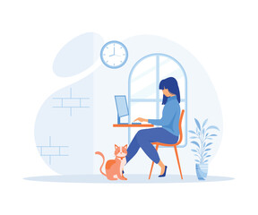 Woman working from home and talking with colleagues online. Woman sitting at desk in room, looking at computer screen, home office, flat vector modern illustration