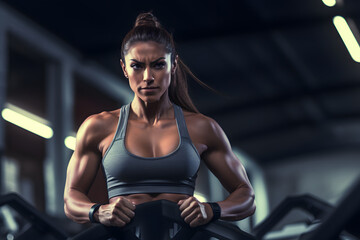 Fototapeta na wymiar Portrait of beautiful muscular bodybuilder woman doing exercises at gym