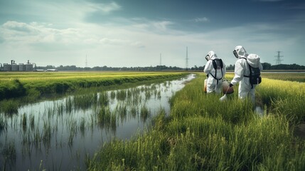 Obraz premium Natural Water Sources maybe Contaminated by Toxic Waste or Suspicious Pollution Sites. The Environmental Engineers Inspect Water Quality and Take Water Samples Notes in The Field Near Farmland.